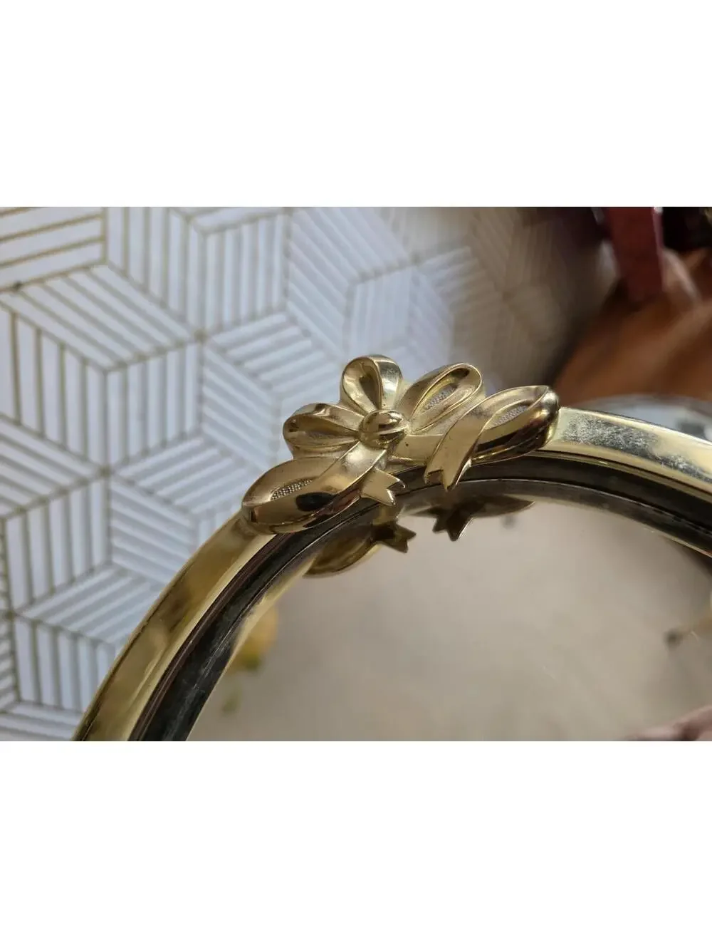 Vintage Gold Brass Ribbon Bows Oval Dresser Mirror Vanity Tray